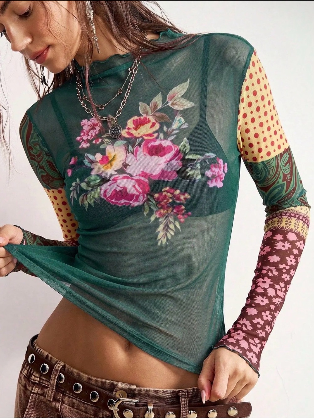 Green Mixed Pattern Floral Print Sheer Mesh Long Sleeve Layering Top